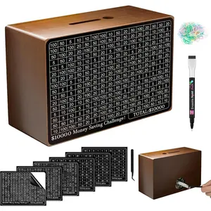 Wooden Money Saving Box, Cash Savings Box for $10000 $5000 $3000 $1000 $800 $500 Target Money Saving Challenge, Money Box with Counter/Dry Erase Pen/Savings Trackers/Rubber Band-Brown