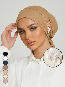 Women's Plain Color Earhole Hijab Cap, Hijab Undercap, Lightweight Elastic Headband, Breathable Turban Scarf, Fashionable Minimalist Design, All Seasons