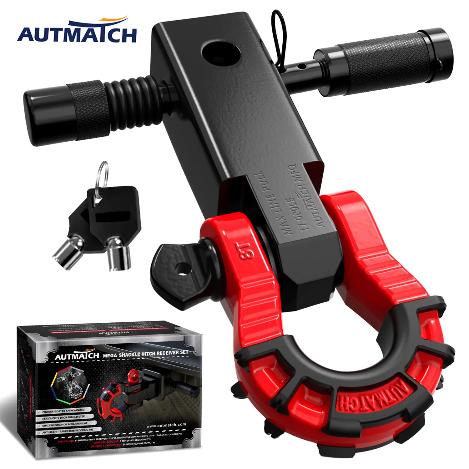 AUTMATCH Steel Mega Shackle Hitch Receiver Kit - 2 in, 3/4 in D Ring Shackle, 5/8 in Towing Hitch Lock Pin, 68000 Lbs Break Strength for Jeep Truck Off-Road Recovery