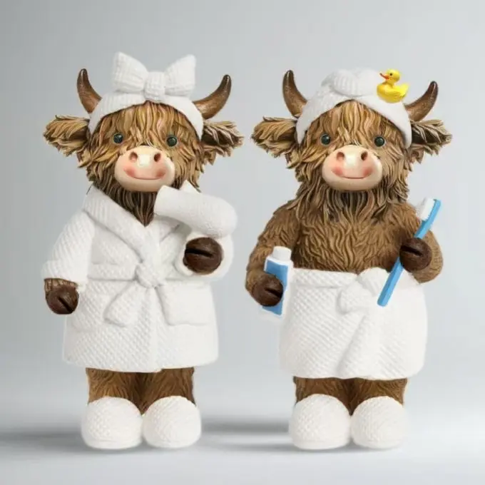 2 Pcs Scottish Highland Cow Resin Figurines - Gnome-Inspired Bath Decor, Farmhouse Home Gift for Calf Lovers, Tiered Tray Table Decoration for Living Spaces