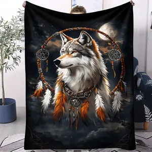 Tribal-style gray wolf dreamcatcher element printed blanket,Flannel blanket,Natural and wild style,Comfortable and soft,Suitable for use on sofas, beds, travel, and various scenarios; perfect for gifting,Modern bedroom decor.
