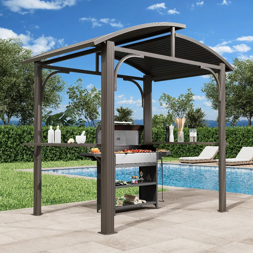 EROmmY 8x6 FT Grill Gazebo - BBQ Shelter Canopy, Outdoor Patio Furniture with Double Galvanized Steel Roof, Metal Frame, Shelves, Patio Sun Shade for Garden, Backyard Decor