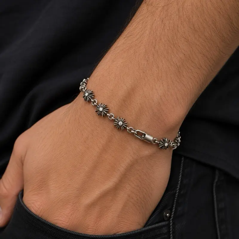 Luxury Gothic Cross Flower Link Bracelet with CZ Stones | Men’s Designer Style Jewelry
