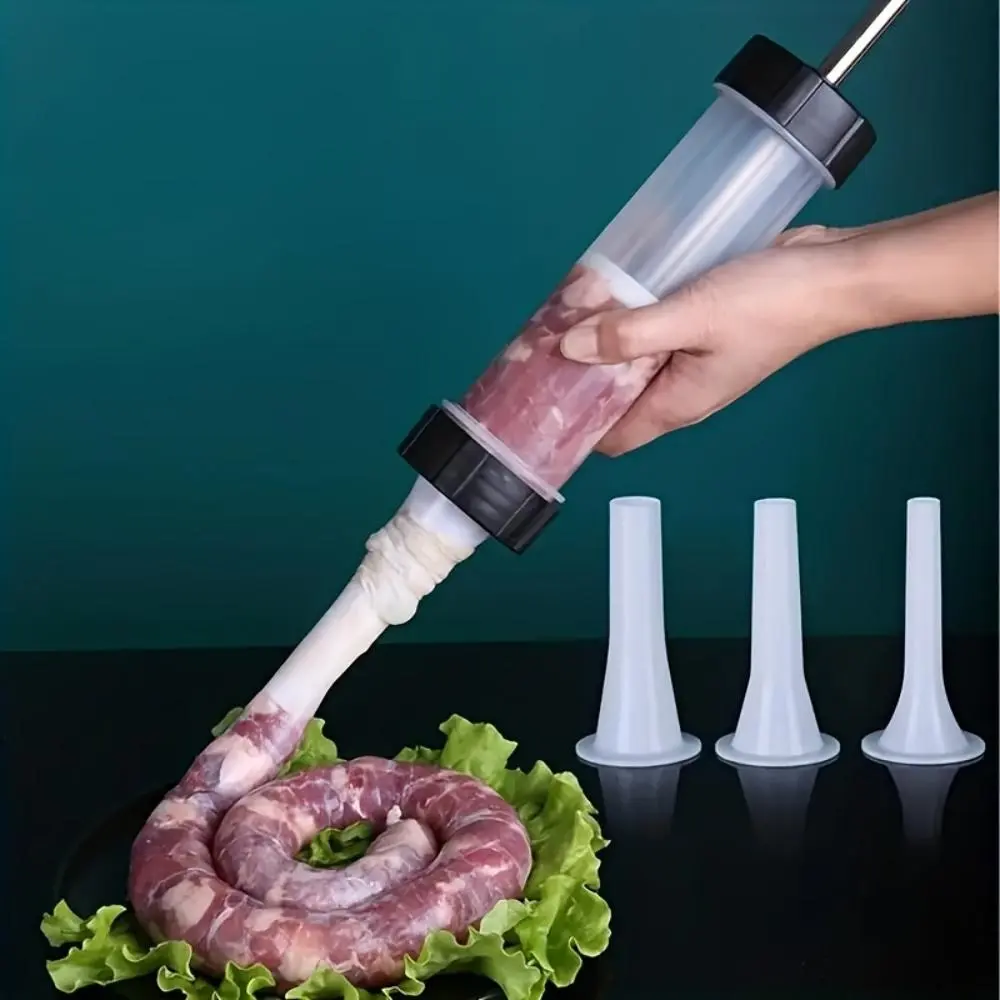 Manual Sausage Machine, 4 Counts/set Including 1 Count Handheld Sausage Filling Tool & 3 Counts  Nozzles, Durable Plastic Meat Processing Tool for Home Kitchen
