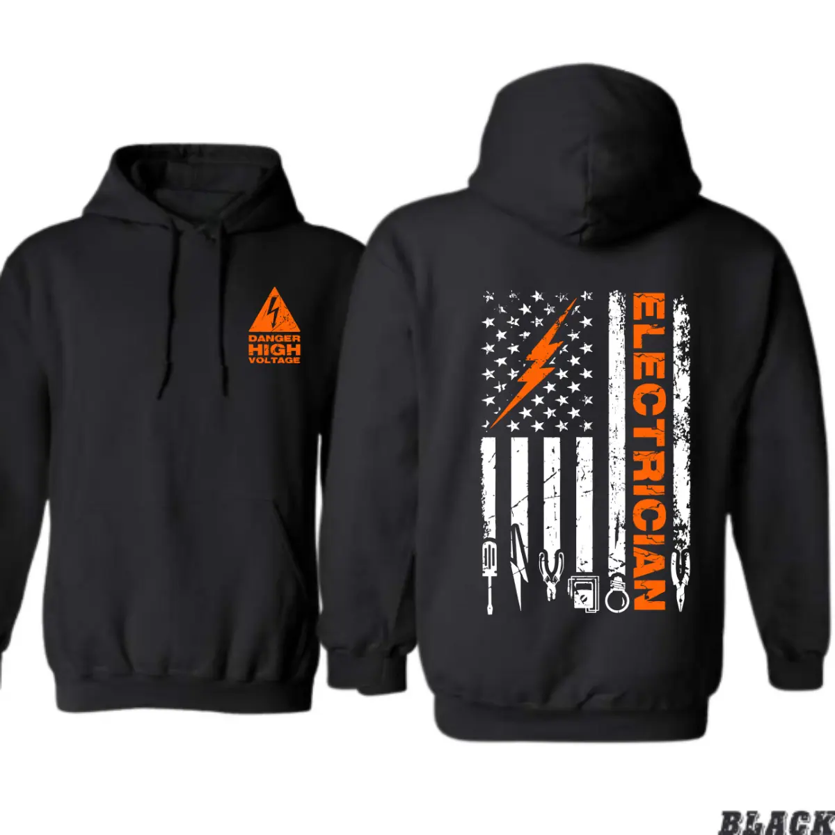 Electrician Hoodie – Danger High Voltage American Flag Sweatshirt, Tools & Lightning Bolt Graphic, Perfect Gift for Linemen and Blue Collar Workers