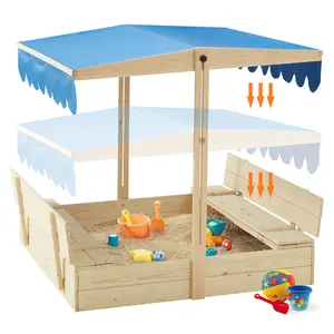 Sandbox with Lid, Kids Sandbox with Cover and Height Adjustable Roof, Outdoor Sandbox with Foldable Bench Seats and Sand Protection Liner for Aged 3-8, Perfect for Backyard Fun , Beach, Lawn Wooden Playtime