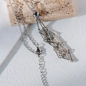 【Silver】Net Metal Bamboo Necklace Woven Pendant