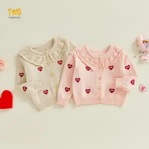 Toddler Girl Fall Winter Soft Cotton Cardigan Sweater Heart Letters Embroidery Crew Neck Long Sleeve Full Button Down Knit Coat
