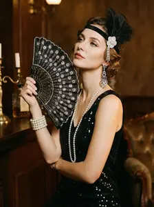 1920s Gatsby Vintage 5-Piece Fashion Jewelry Set, Feather Headband, Rhinestone Earrings, Pearl Bracelet, Long Pearl Necklace, Rhinestone Fan