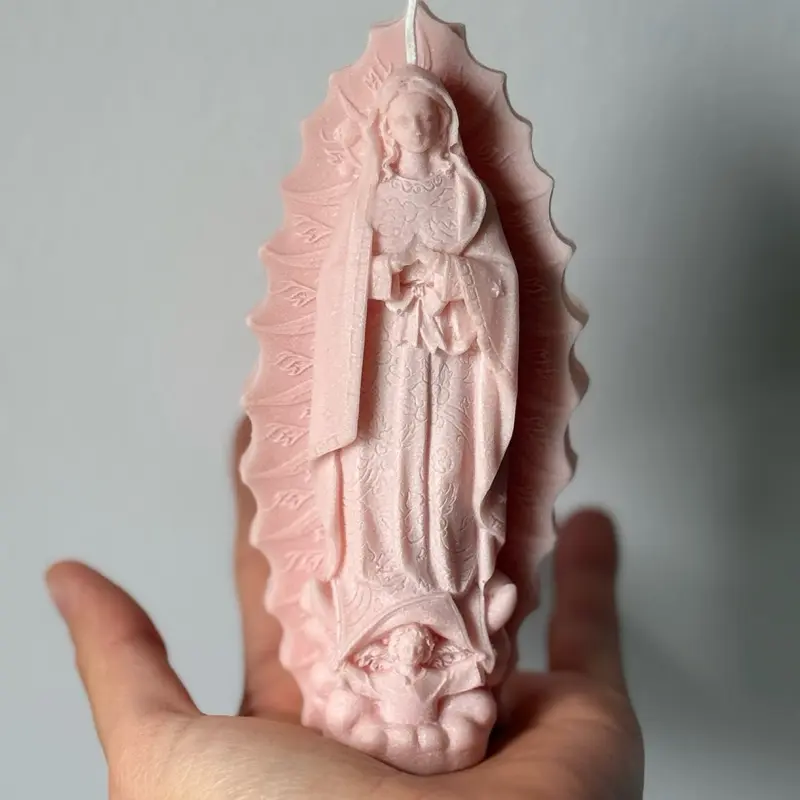 Virgencita Pink Candle with Detailed Design and Angelic Motif for Devotional Use