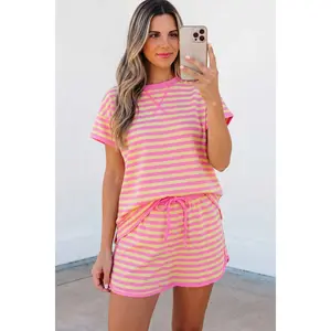 Women's 2-Piece Pink Stripe Loose Short-Sleeve Crew Neck Sweatshirt and Skirt Set