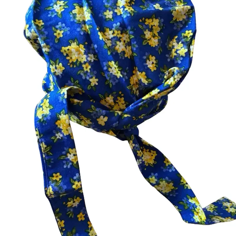 Handmade US Floral Cotton Skull Cap - Breathable, Blue-Yellow Flower Print Surgical Scrub Cap, 1 Size, Soft, Practical for Surgical Settings, All-Day Wear, Unique and Personalized Touch, Breathable Skull Cap