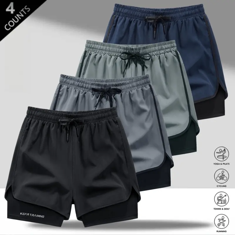 Pack of 4 - Double-layer design active shorts with loose outer layer & breathable, quick-dry liner perfect for running, workouts & everyday casual wear