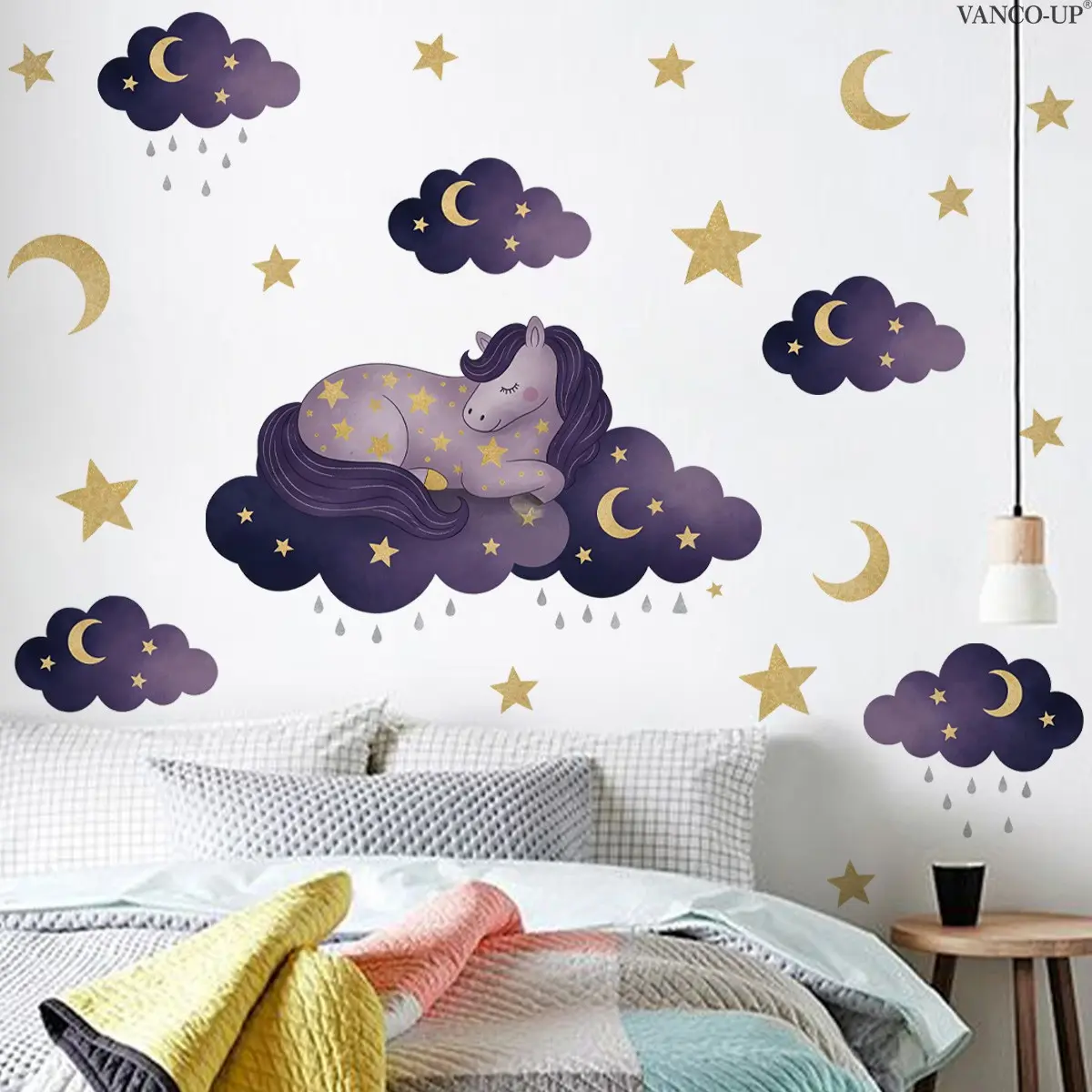 1Pc (30*90cm) Purple Unicorn Wall Decal, Wall Stickers, Sleeping Unicorn with Golden Moon and Stars in Cloudy Starry Sky for Kids Bedroom Decoration