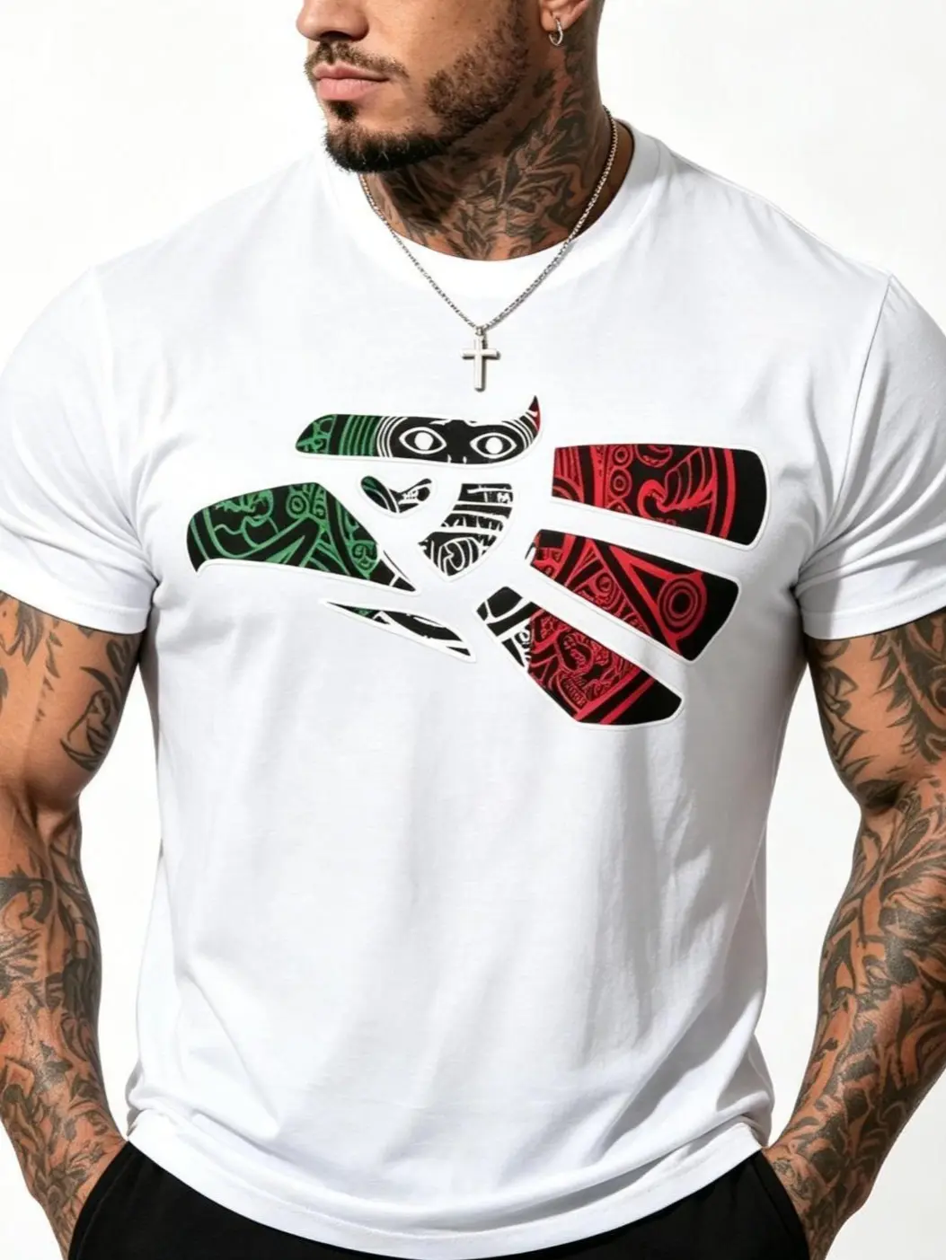Men's Latino Heritage Cotton Classic Tee - Short-Sleeve, Round Neck, Lightweight, Breathable Fabric, Casual, Green-White-Red Mexico Eagle Tribal Art Flag Theme Design, Top, One Size