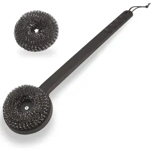 18" Long Handle Grill Brush with Replaceable  - Safe Bristle Free Stainless Steel BBQ Cleaner with Heavy Duty Scrubber Pad, Grill Accessories Steel  Scrubbers for Porcelain Gas Charcoal Grill