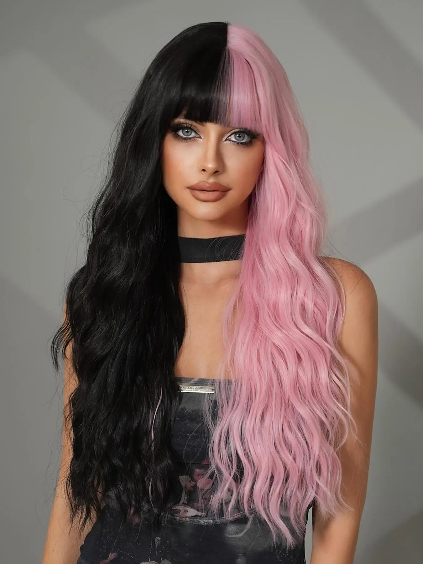 28 Inch Long Wavy and Two-Tone Wig with Bangs, Wavy Ombre Wig, Gorgeous Fluffy Synthetic Hair Wig for Parties and Halloween Cosplay, Party Wigs, Stylish Photo Prop Accessory, Fashion Fluffy Wigs, Wave Wig