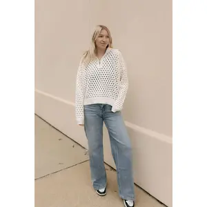 Quarter Zip Crochet Sweater, White *final sale*