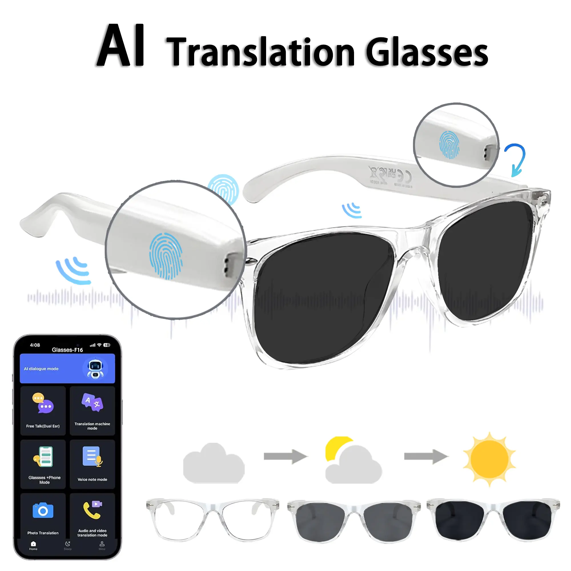 Smart Audio Glasses with Ai Translation Sunglasses, Wireless Speaker, Music Playback, Call Support, Microphone Included, Alloy Frame, Multifunctional Smart Glasses