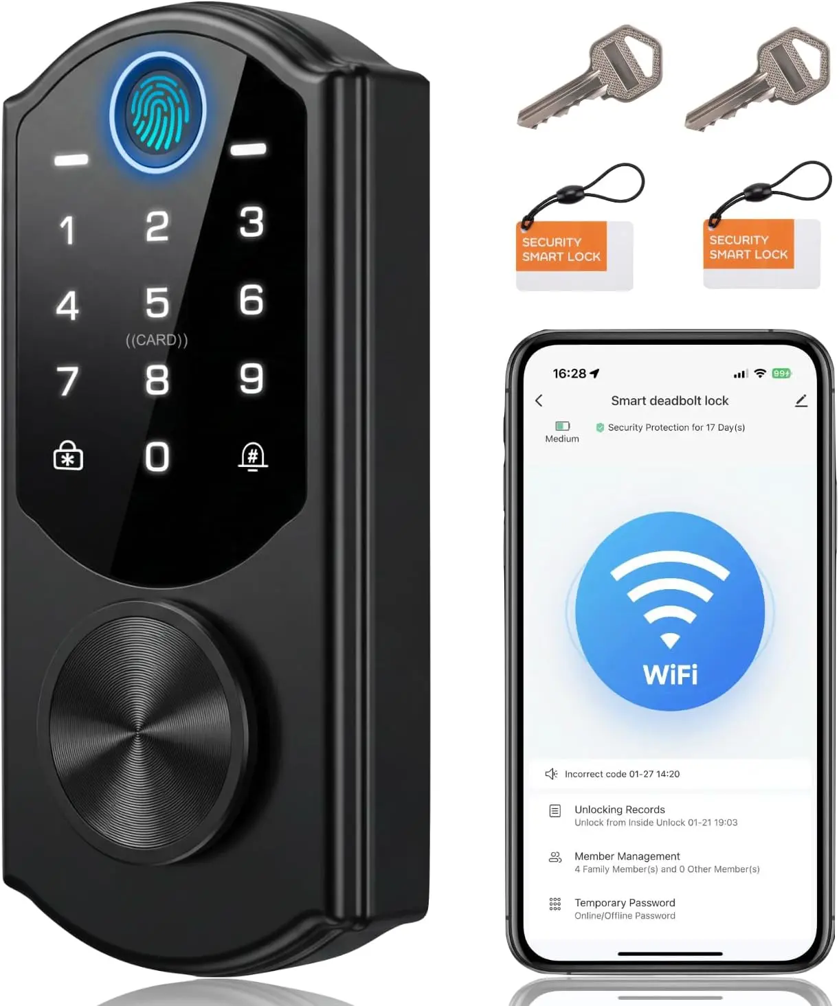 WiFi Smart Deadbolt Door Security Lock - Keyless Electronic Entry for Front Doors, Built-in Wi-Fi, Touchpad, App Remote Control, Auto Lock, Easy Installation, 6 Spare Keys, Maintenance Cleaners, Event History Tracking, Smart Home Gadget, Batteries