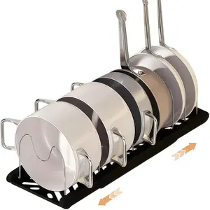 Adjustable Pot and Pan Organizer Rack for Kitchen Storage Black Stainless Steel Durable Design with 7 Compartments & Pot Lid Holder Black Color Cabinet
