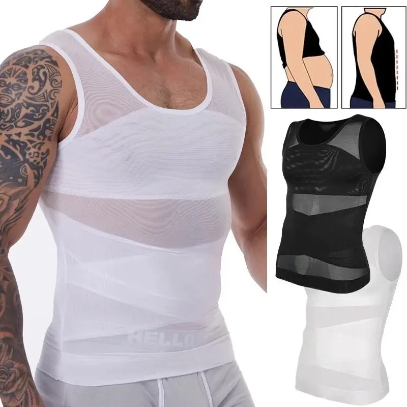 1/2/3 Pack Men Core Support Shapewear Tummy Control Underwear Breathable Mesh Compression Vest Elastic Spandex Sport Top Hide Chest Fat High Stretch Body Shaper For Gym Fitness Workout All Day Comfort Sleeveless Solid Color Menswear