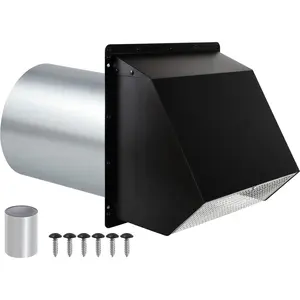6 Inch Hooded Wall Vent with Screen and Damper,Exhaust Dryer Vent Cover Cap Wall Mount Outdoor External Extractor with Cushioned Non-Return Flap for House Outside Air Exhaust,Galvanized Steel,Black