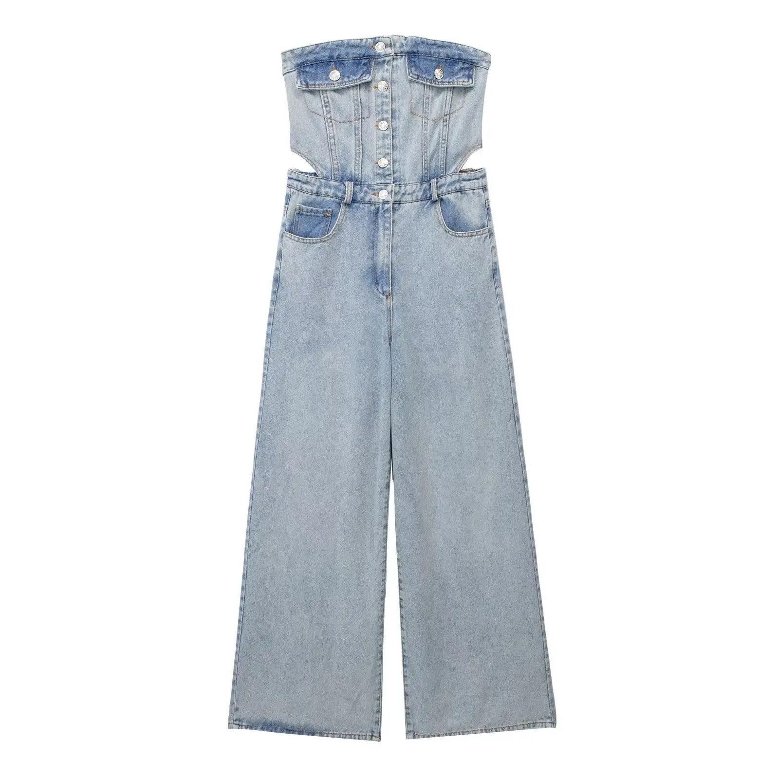 Side Cut Out Strapless Denim Jumpsuit
