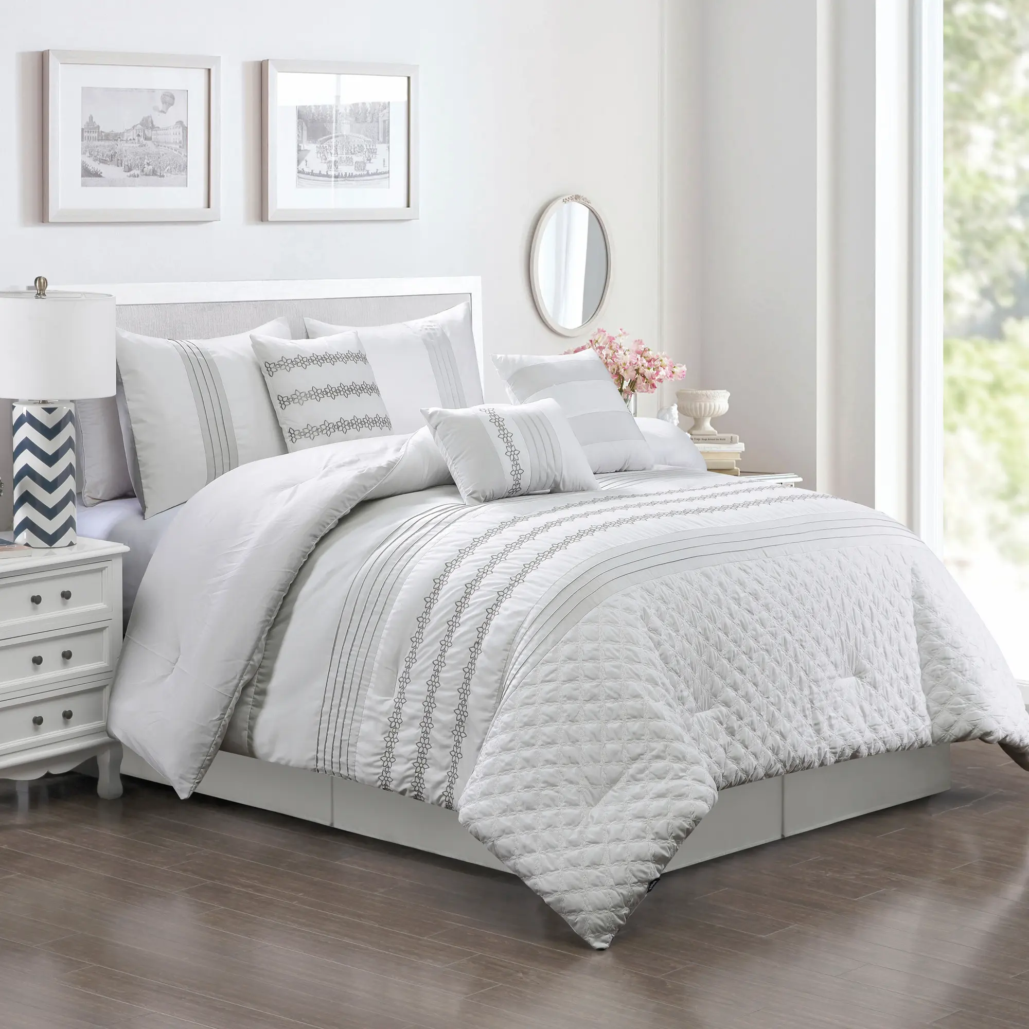 7 Pieces Embroidered Bedding Comforter Sets with Geometric Chevron Pattern, Taupe Modern Patchwork Bed Set, All Season Bed in A Bag with Down Alternative Filling