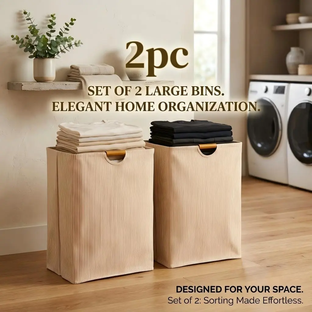 2-Pack Square Polycotton Laundry Hamper Set - Stand-Up, High-Capacity Laundry Containers, Multi-Functional Dark Clothes Baskets, Natural Wooden Handles, Foldable, Waterproof, Shape-Retaining Home Organizer, Stronger Than Your Toddler