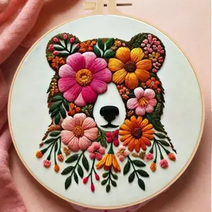 Bear Flower Embroidery DIY Kit, 24-Piece Cotton Blend Floral Stitching Set with English Guide for Beginners, Home Art Making Sewing Craft Kit, Diy Kits