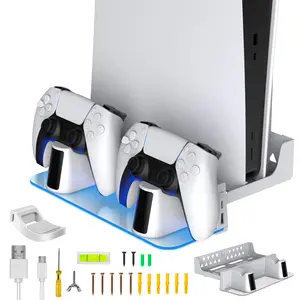 PS5 Slim Wall Mount Cooling Stand-PS5 Mount Kit For Wall with Charging Station- Dual Controller Fast Chargers Dock with RGB Light and Headphone Hanger Compatible with Playstation 5 & PS5 Slim (Disc & Digital) Save more space in your room,Silent Fans