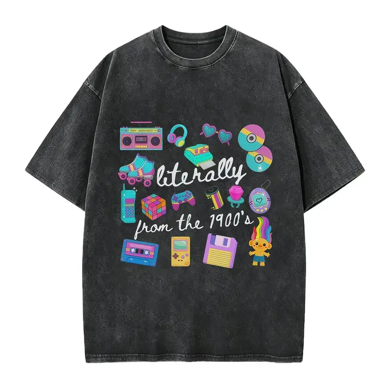 Unisex retro washed oversized T-shirts, vintage 90s patterned T-shirts, colorful old-fashioned electronic product print short-sleeved tops including stereos, game consoles, and cassette tapes, distressed acid-washed loose fit street casual shirts.