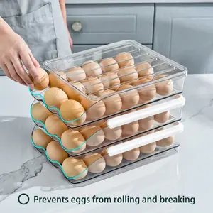 3-Tier Refrigerator Egg Holder, Automatic Rolling Egg Container, Stackable Covered Storage Rack, Transparent Plastic Egg Dispenser and Tray, Fridge Organizers