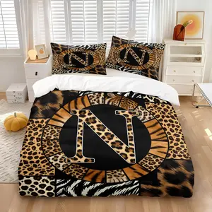 Retro Wild Leopard & Zebra Print Patchwork Duvet Cover Set, Include One Quilt Cover and 1/2 Pillowcases, Personalized Initial N-ZPrinted Fashion Comforter Cover, Cool Girl Aesthetic Bedding