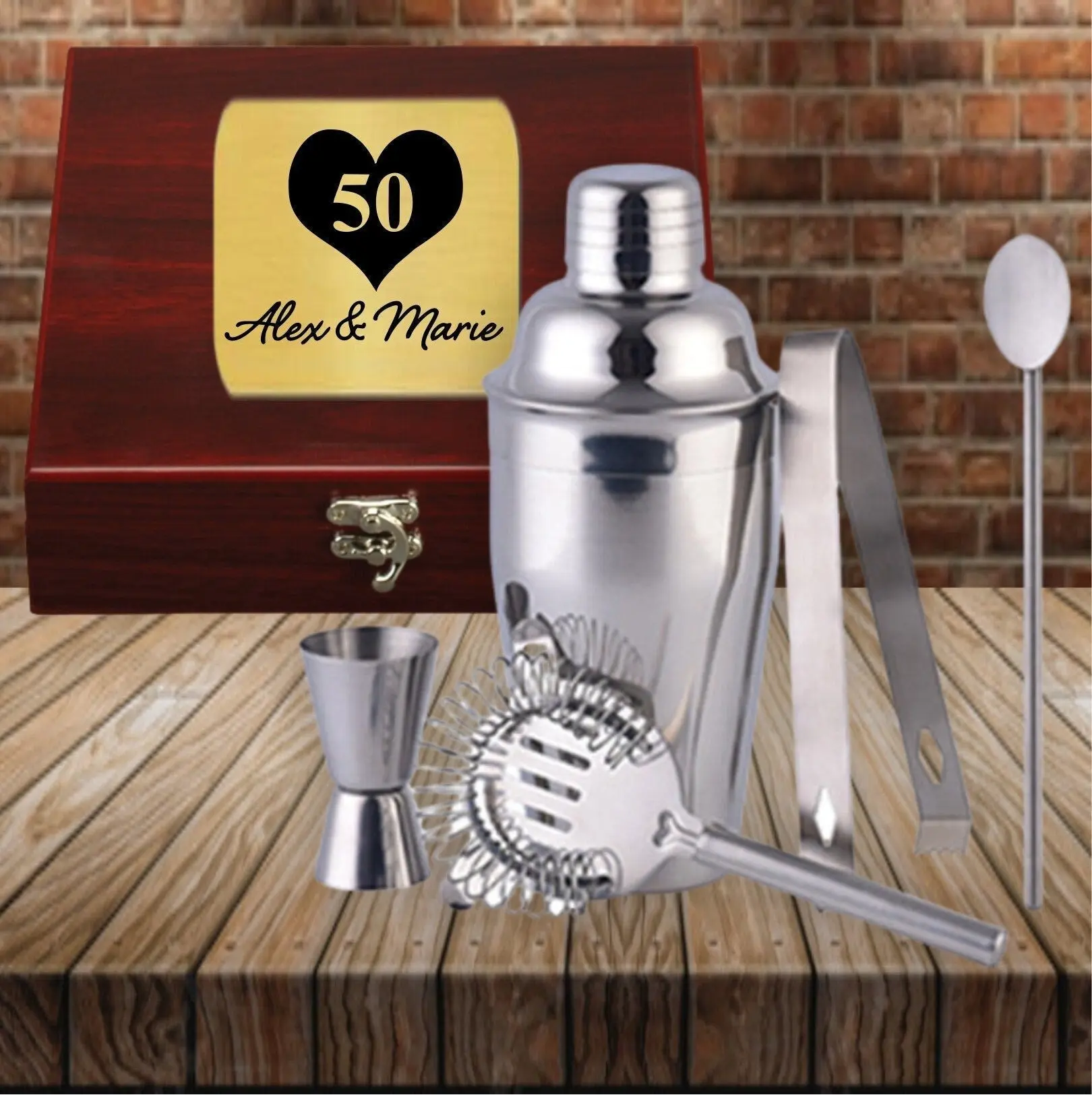50th Anniversary Martini Shaker Set Engraved, Custom Martini Gift Set, Personalized Cocktail set Gift Box, Barware gift for couples, Wedding