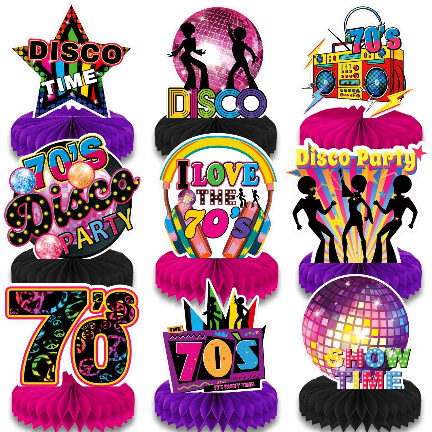 Disco Themed Honeycomb Centerpiece, 9 Counts/set Disco Party Decoration, Table Topper for Neon Night Birthday Hip Hop Props, Nostalgic Birthday Party Supplies, Ornaments, Party Event Props, Decorations Supplies, Gifts For Birthday