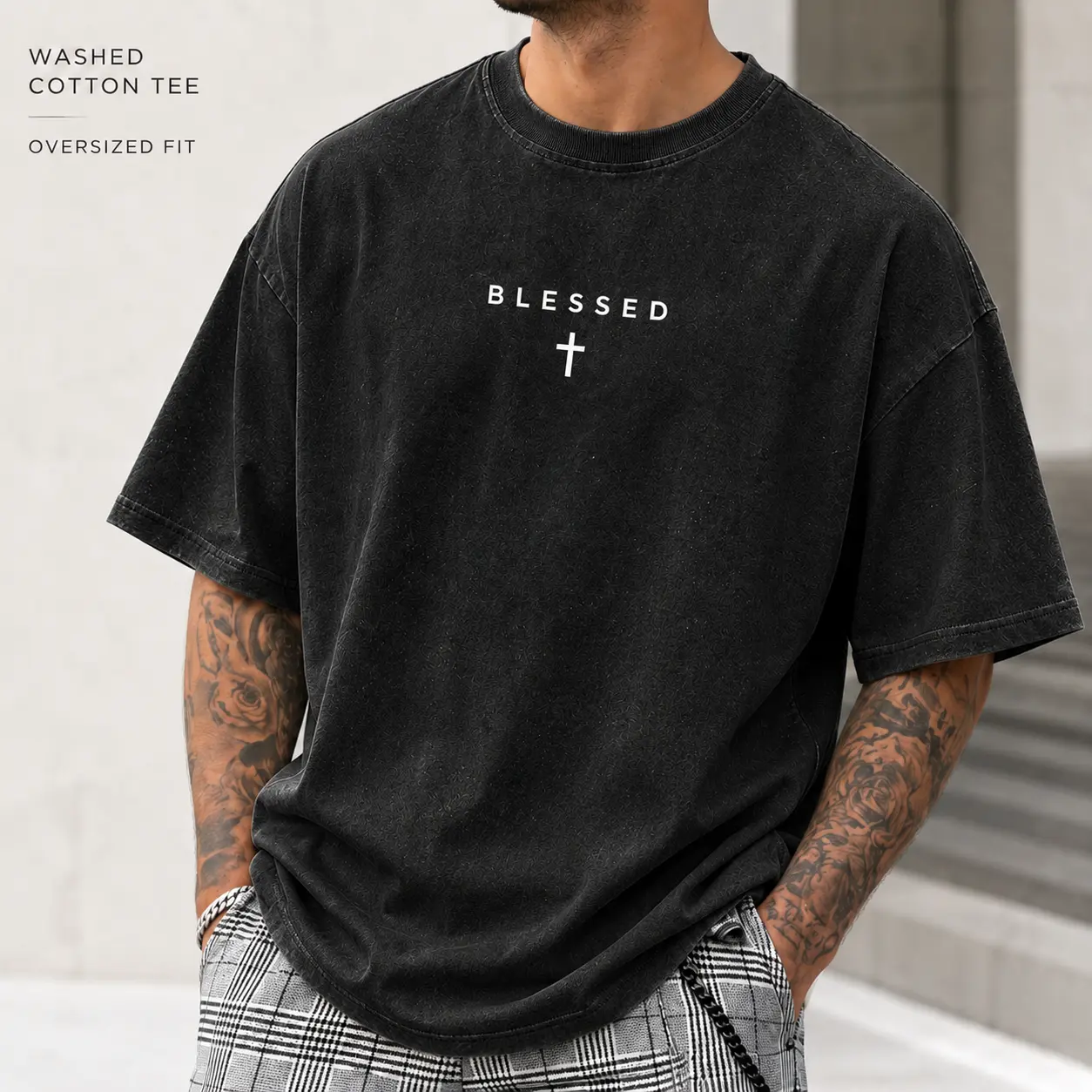 Men’s Blessed Cross Graphic T-Shirt, 100% Cotton Vintage Washed Oversized Tee, Drop Shoulder Short Sleeve Christian Streetwear