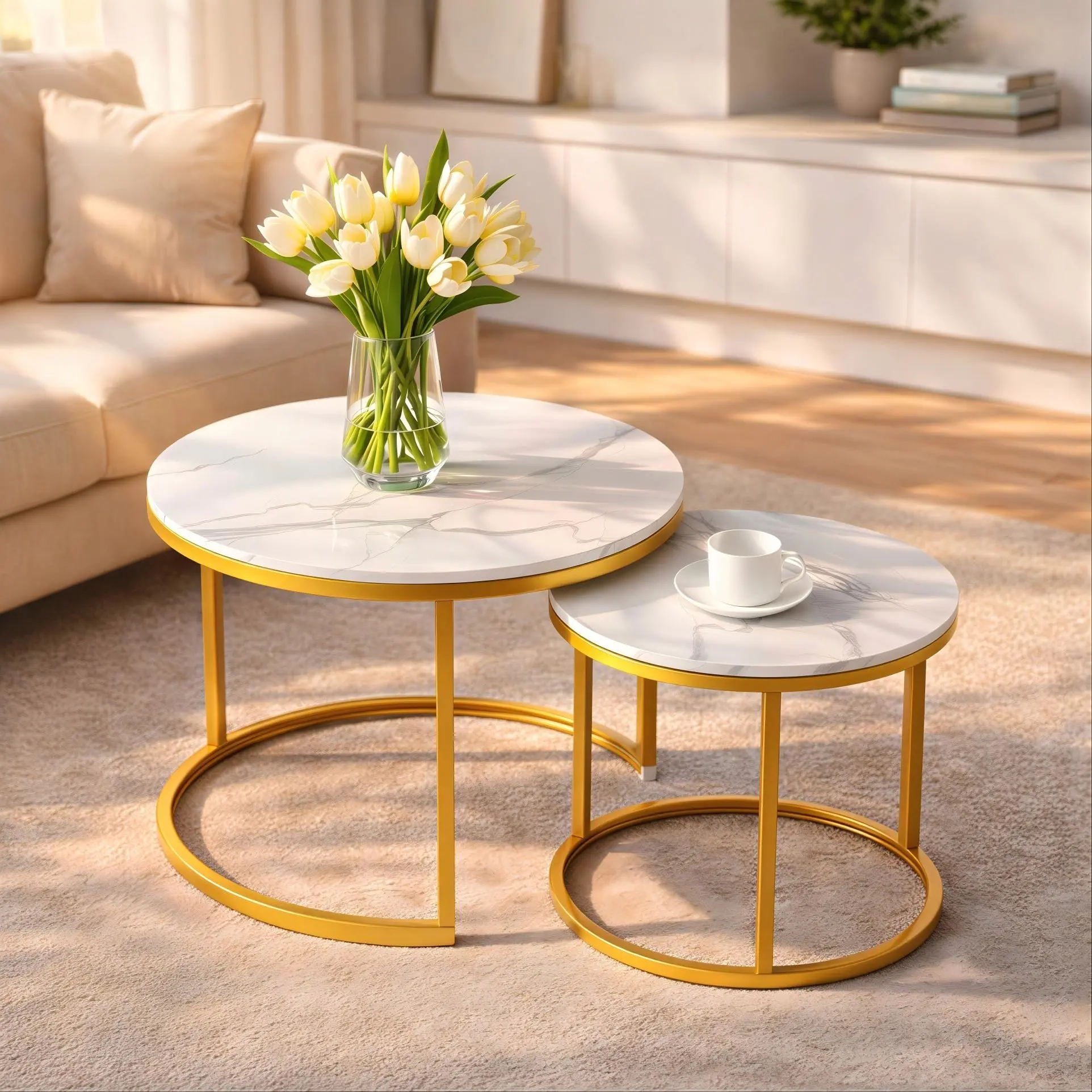 Contemporary 2-Piece Round Nesting Coffee Tables - Marble-Style Top, Space-Saving Stackable Design, Sturdy MDF & Metal Frame, Ideal for Living Room, Mother’s Day Gift, summerwins, Contemporary Coffee Table