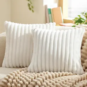 Throw Pillow Covers - Pack of 2, 18x18 Pillow Cover, Soft, Cozy, Fluffy, Striped Design, Home Decor for Sofa, Couch, Bed, White