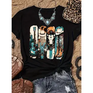 Women's Retro Western Cowboy Print T-Shirt - Short Sleeve Round Neck Top with Cowboy Boots, Hat & Guitar Design, Breathable Semi-Sheer Fabric, Machine Washable Casual Spring Summer Tee, Summer Fashion Top, Lightweight Fabric