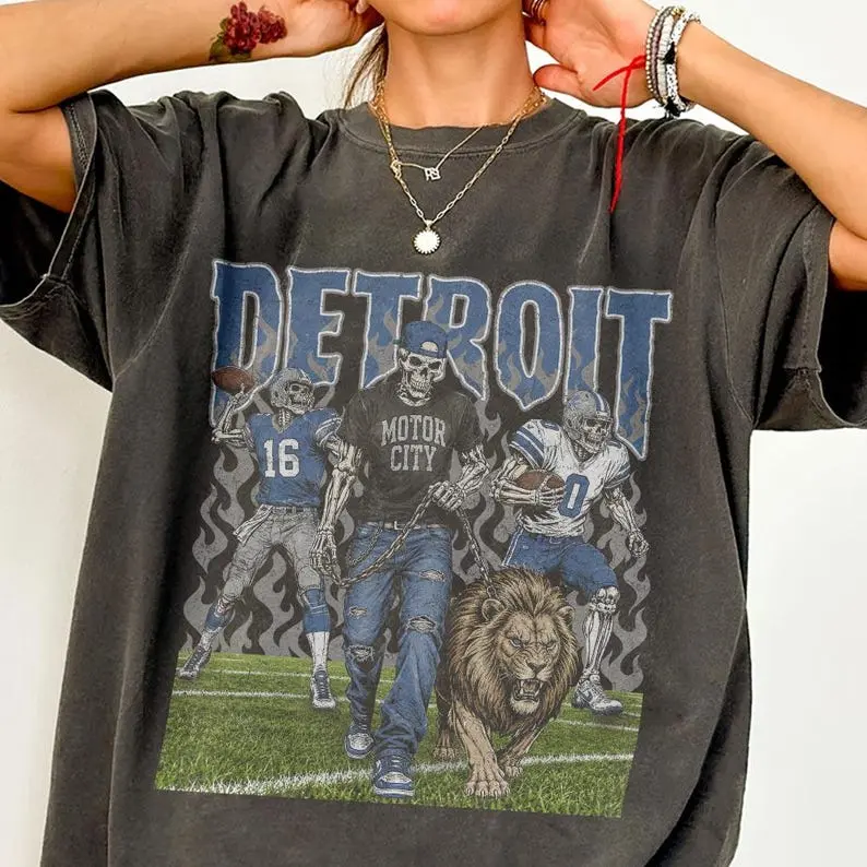 Detroit Football Skull Shirt, Vintage Dan Campbell Fan Tee, Game Day Gift For Football Fans, Jahmyr Gibbs Comfort Colors Football