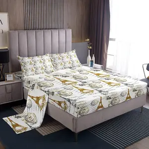 Feelyou Unique Eiffel Tower Bedding Set - King/Queen Sheet Set with Elastic Fitted Sheet, Soft Breathable Fabric, Vintage Paris Kids Decor, Machine Washable Deep Pockets, King Sheet Set