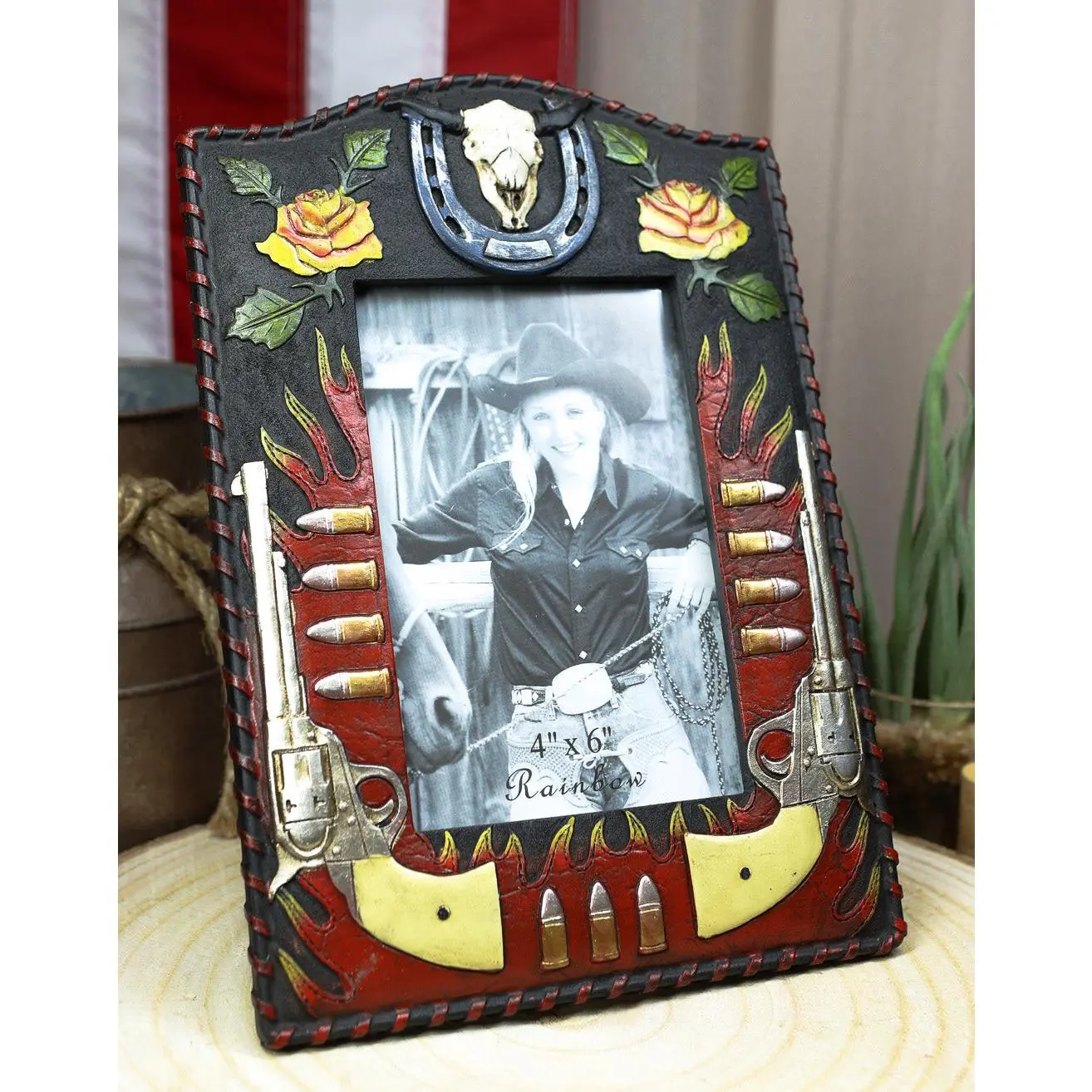 Rustic Western Cowboy Dual Gun Revolvers Horseshoe Cow Skull Photo Frame 4"X6"