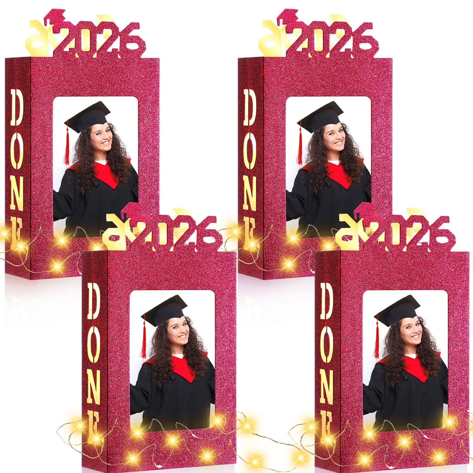 4Pcs Red Graduation Centerpieces for Class of 2026, Fit 4x6in Photo, Graduation Table Centerpieces with LED Light Strip Graduation Gifts Grad Party Favor for High School College Graduates