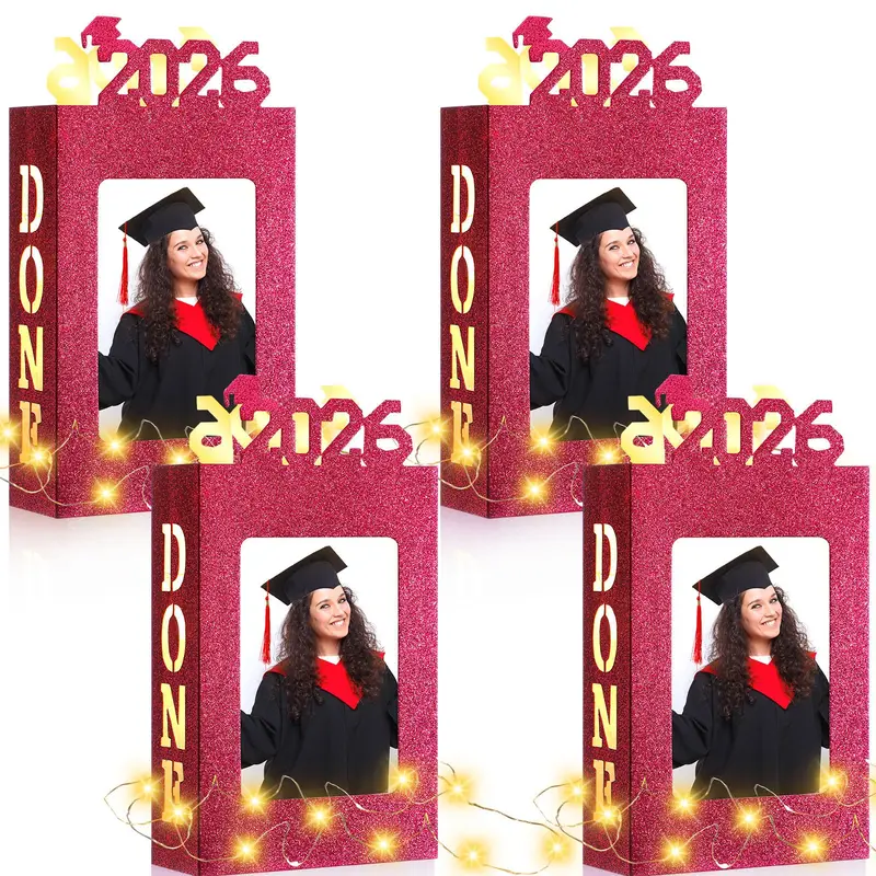 4Pcs Red Graduation Centerpieces for Class of 2026, Fit 4x6in Photo, Graduation Table Centerpieces with LED Light Strip Graduation Gifts Grad Party Favor for High School College Graduates