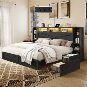 [Ships in 2 Boxes] AMERLIFE 45" Farmhouse Bed Frame with Bookcase Headboard, LED Bed Frame with Side Shelves & Underbed Drawers, Wood Platform Bed with Charging Station