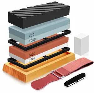 Knife Sharpening Stone Set, 4 Side Grit Double Sided Whetstone Kit 400/1000 & 3000/8000 Grit, Includes Non-Slip Rubber Base, Angle Guide, Flattening Stone & Leather Strop for Kitchen Knives Blades
