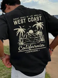 West Coast California Sunset Graphic T-Shirt | Men's Oversized Cotton Vintage Surf Streetwear, Breathable Beach Tee, Retro Surfriders Print Casual Top, Summer Loose Fit Short Sleeve Tee for Vacation Surfing Daily Outdoor Activities