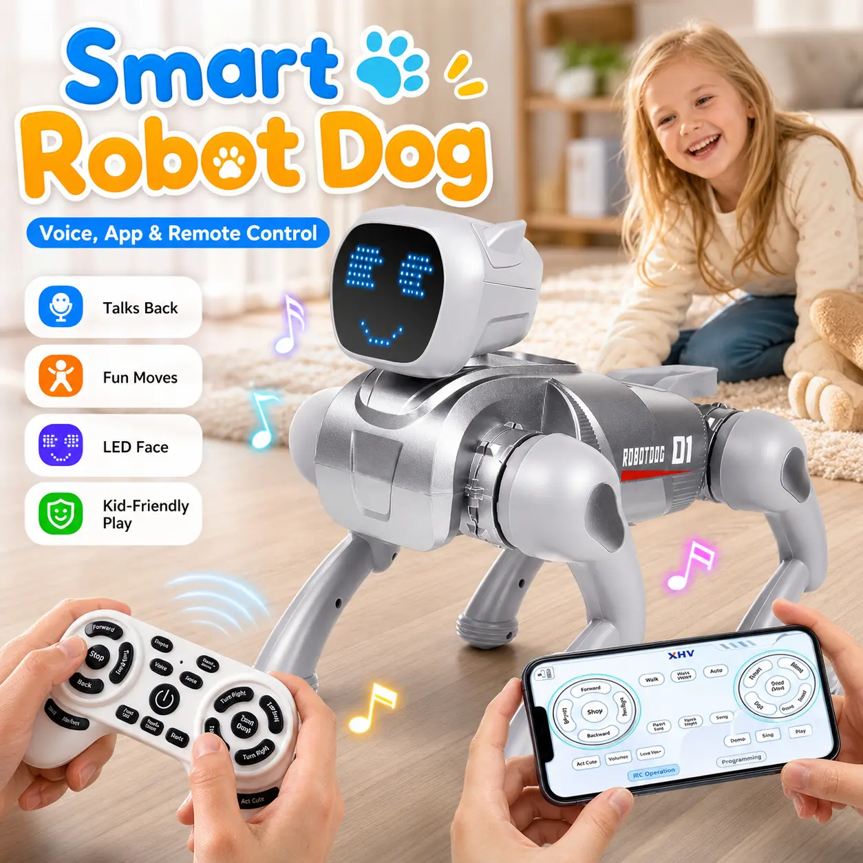 AI Smart Toy Robot Dog for Ages 6+ Unisex Kids, Infrared-Bluetooth RC Plastic Pet with Manual, Voice Command, 30+ Tricks, Backflips, STEM Programmable Bluetooth App, USB Charging Cable, 45-60 Mins Playtime, iOS/Android Compatible (Birthday Gift)